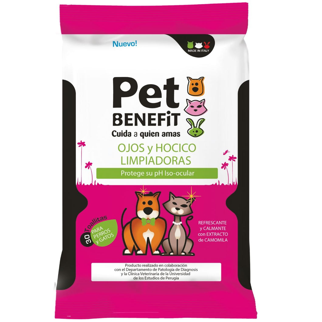 Toallitas limpiadoras para animales PET BENEFIT, Higiene Ojos y Hocico, 30 uds.